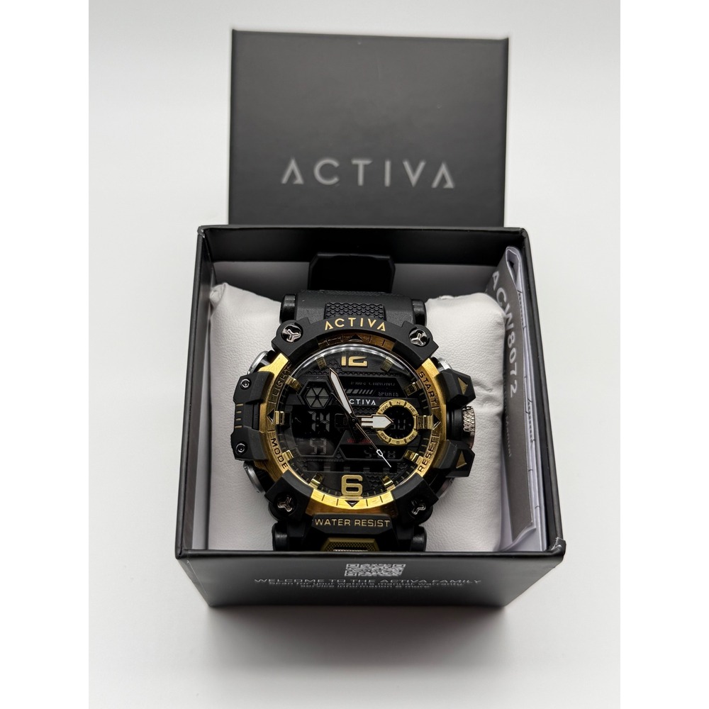 Activa ACW8072-002 Sport Watch Mens Black Gold Analog Digital Chrono 30M New